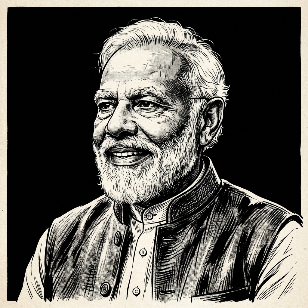 Illustrated portrait of Narendra Modi smiling